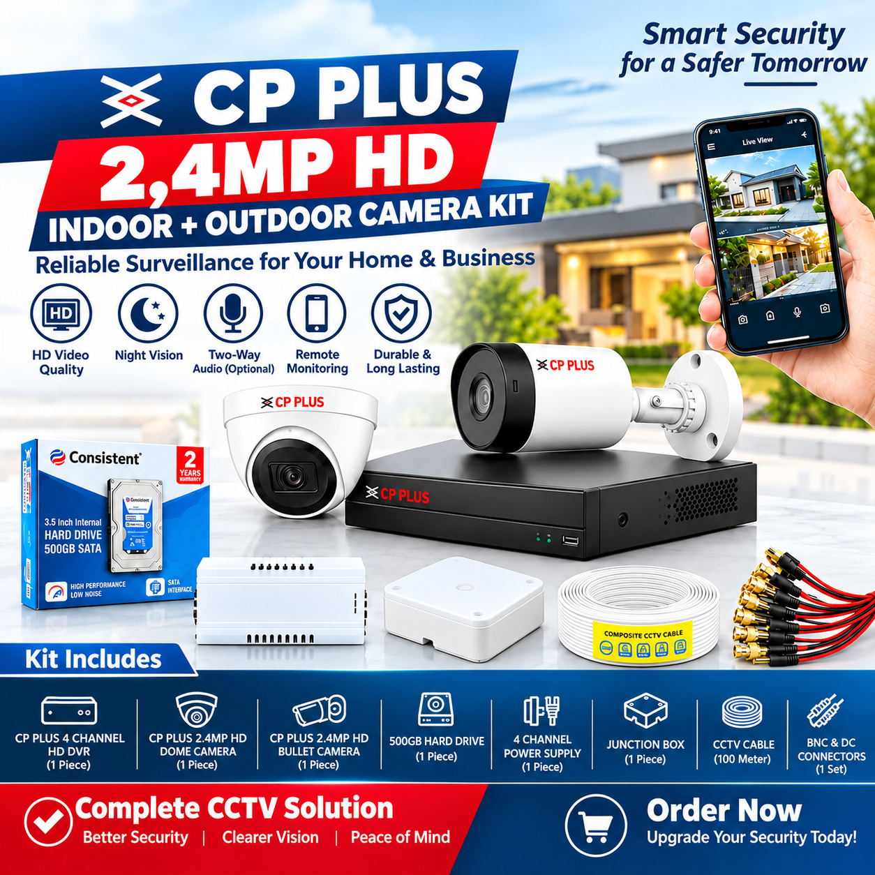 CP PLUS 2.4MP FULL HD 1-INDOOR, 1-OUTDOOR, NIGHT VISION CAMERA COMBO KIT