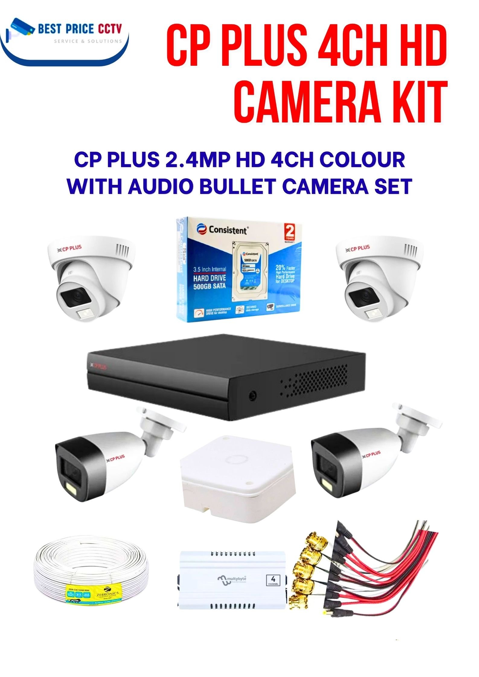 CP PLUS 2 INDOOR 2 OUTDOOR COLOUR WITH AUDIOCAMERA KIT