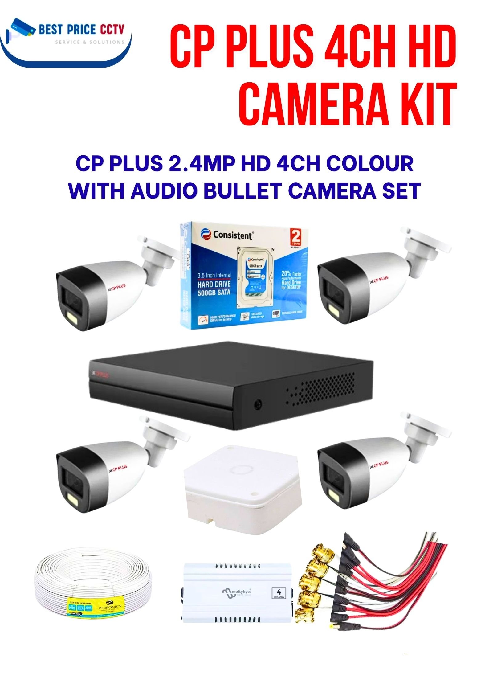 CP PLUS 4 OUTDOOR CAMERA COLOUR WITH AUDIO KIT